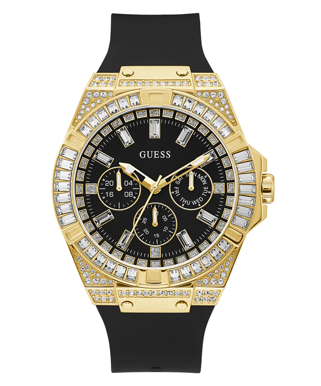 GUESS Mens Black Gold Tone Multi-function Watch