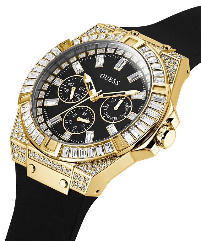 GUESS Mens Black Gold Tone Multi-function Watch
