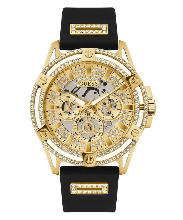 GUESS Mens Black Gold Tone Multi-function Watch