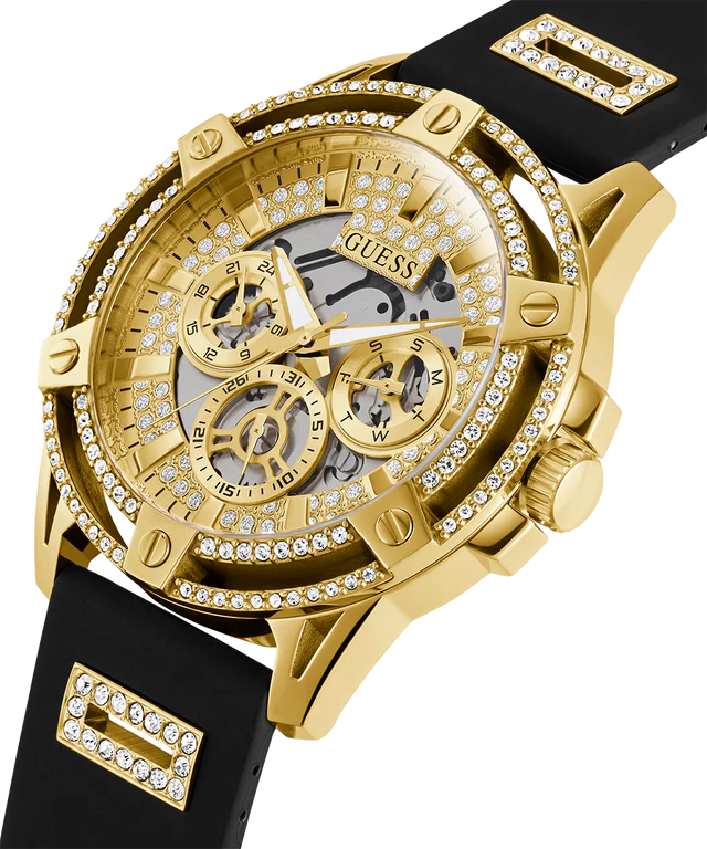 GUESS Mens Black Gold Tone Multi-function Watch