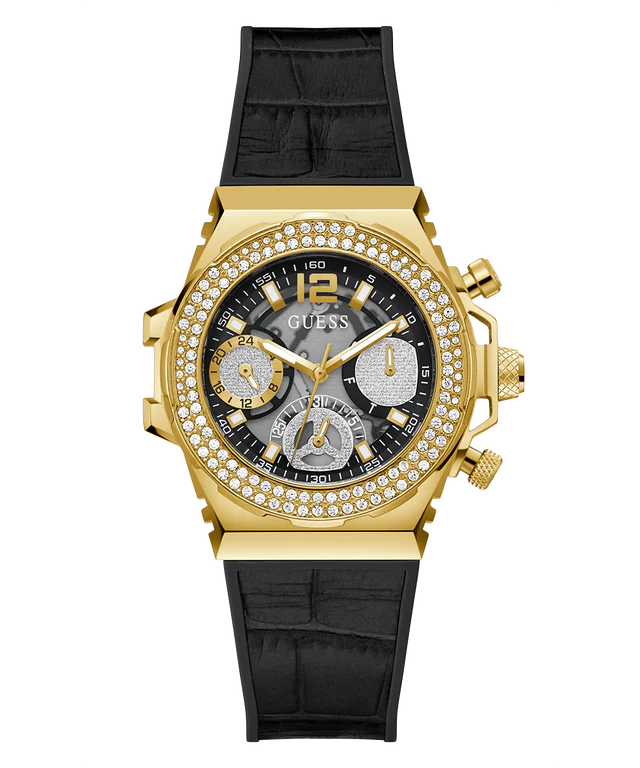 GUESS Ladies Black Gold Tone Multi-function Watch