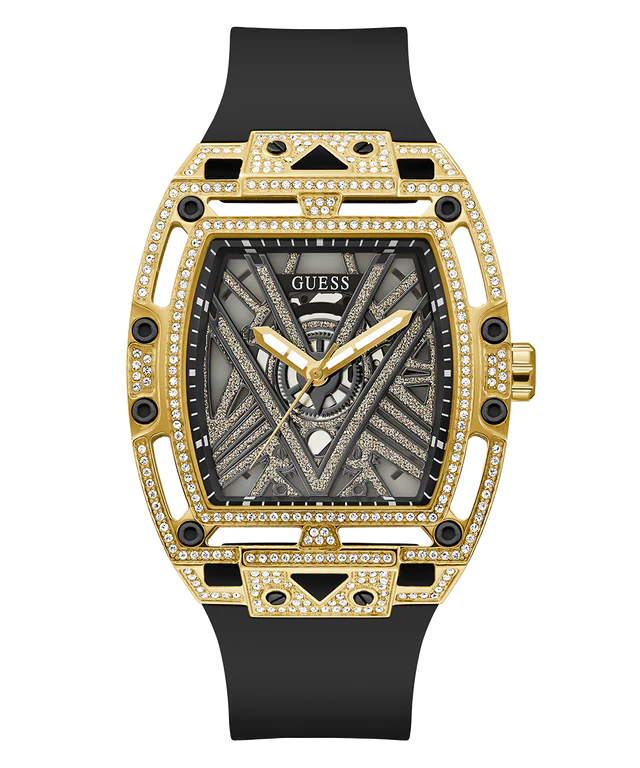 Guess Mens Black Gold Tone Analog Watch
