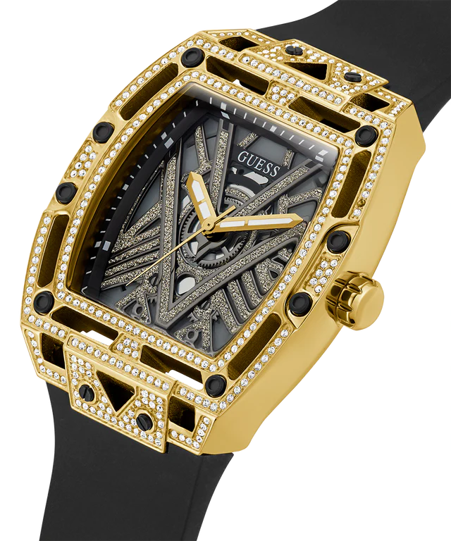 Guess Mens Black Gold Tone Analog Watch