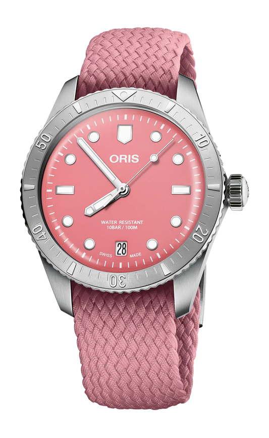 Oris Divers Sixty‑Five 'Cotton Candy' Textilarmband (Rot/Rosa)