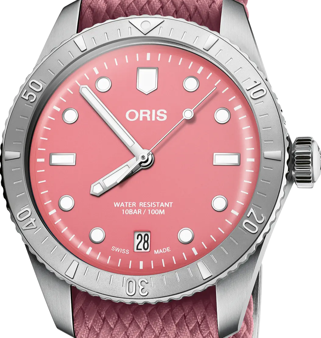 Oris Divers Sixty‑Five 'Cotton Candy' Textilarmband (Rot/Rosa)