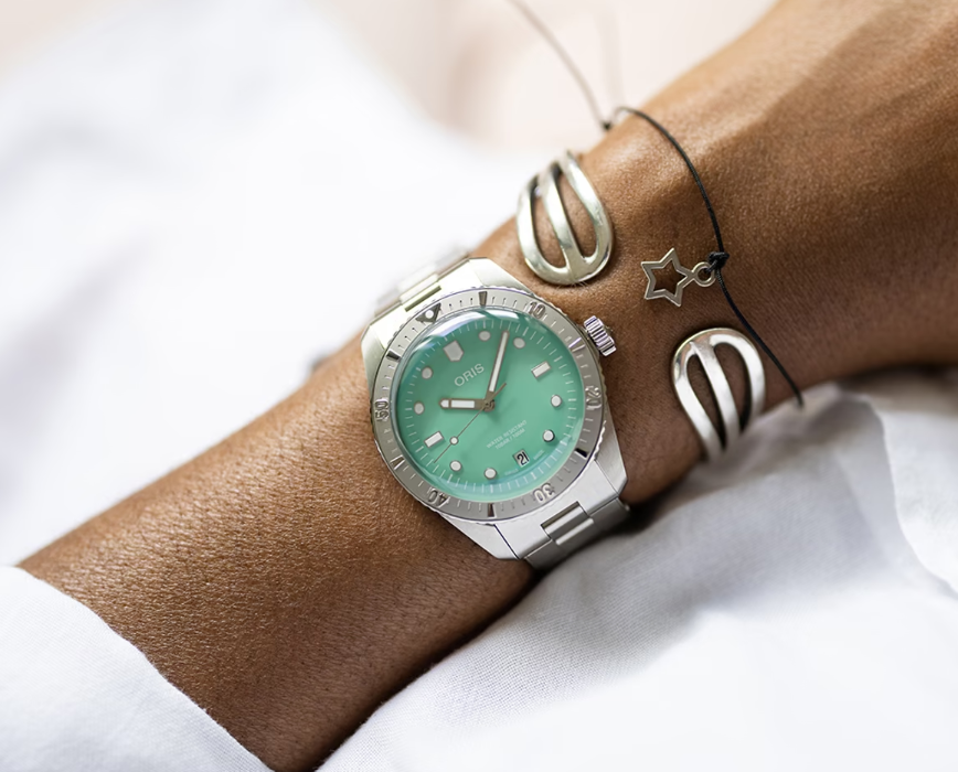 Oris Divers Sixty‑Five 'Cotton Candy' Edelstahlarmband (grün)