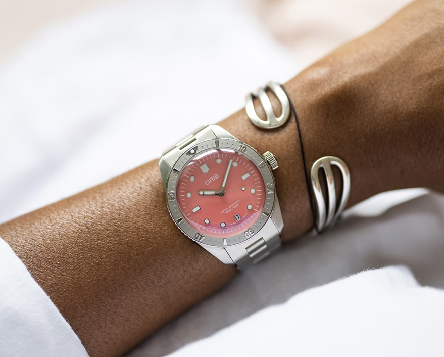 Oris Divers Sixty‑Five 'Cotton Candy' Edelstahlarmband (Rot/Rosa)