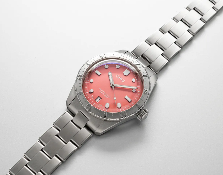 Oris Divers Sixty‑Five 'Cotton Candy' Edelstahlarmband (Rot/Rosa)
