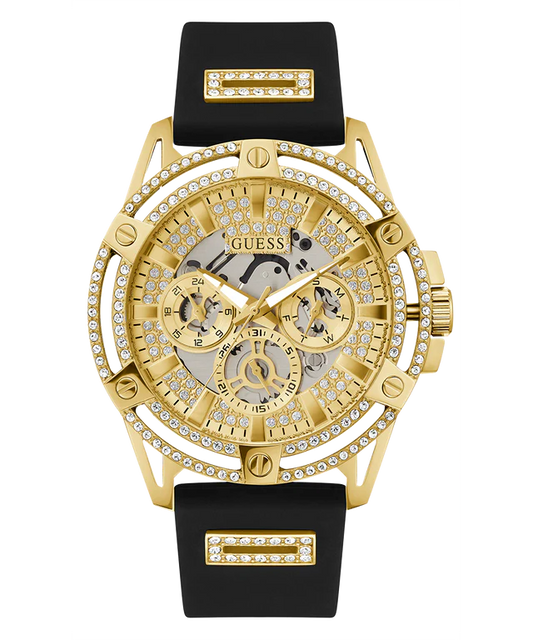 GUESS Mens Black Gold Tone Multi-function Watch