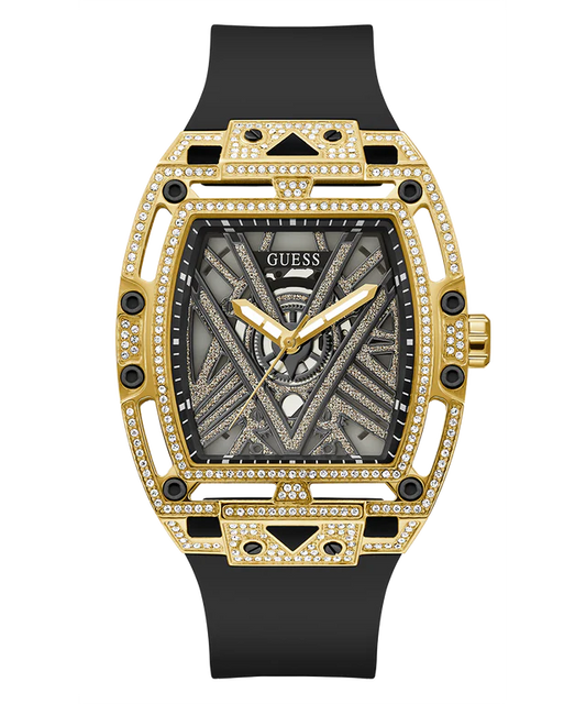Guess Mens Black Gold Tone Analog Watch