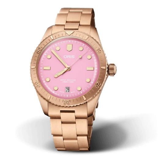 Oris Divers Sixty‑Five 'Cotton Candy' bronze Edelstahlarmband (Rot/Rosa)